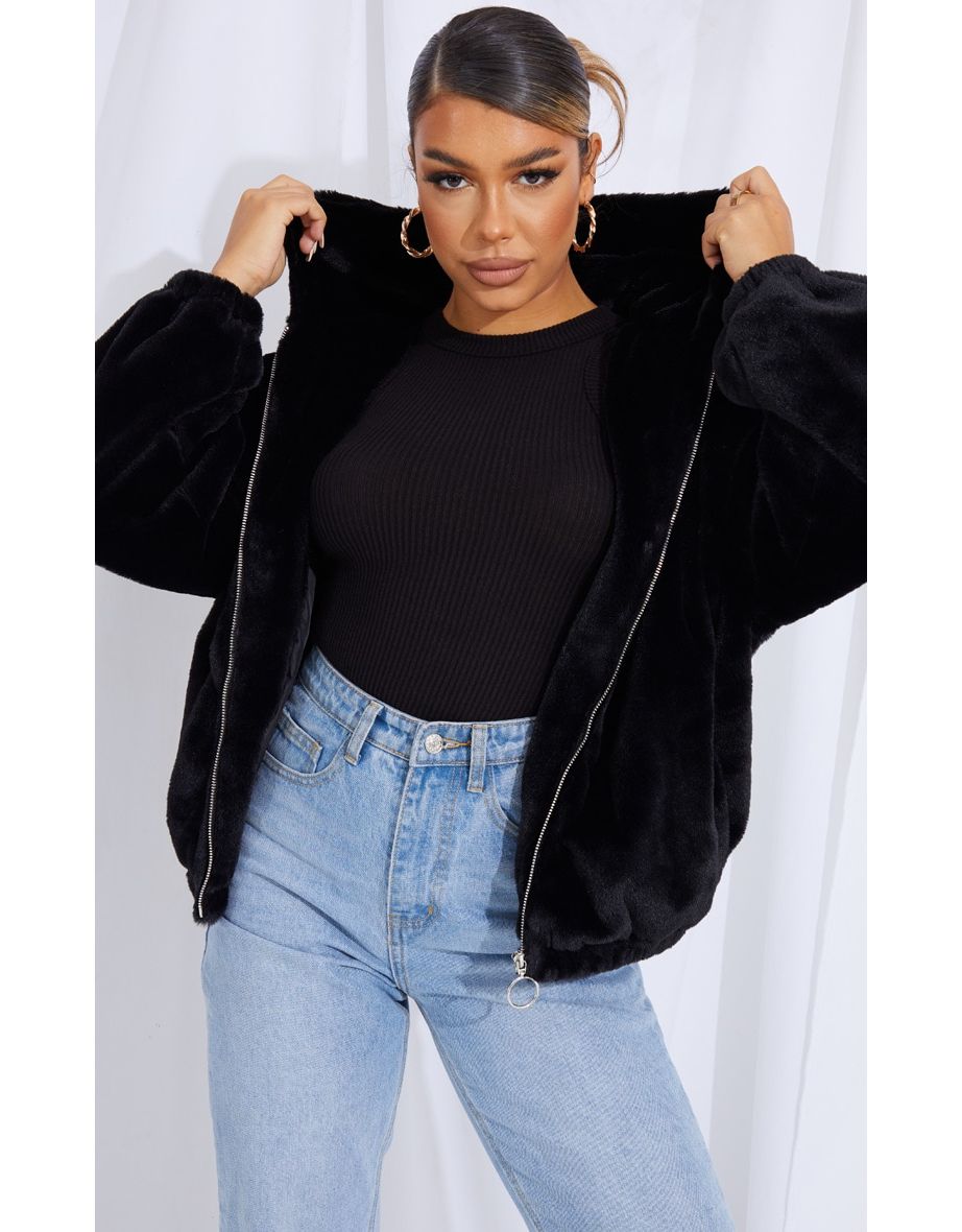 Black Faux Fur Balloon Sleeve Hooded Jacket