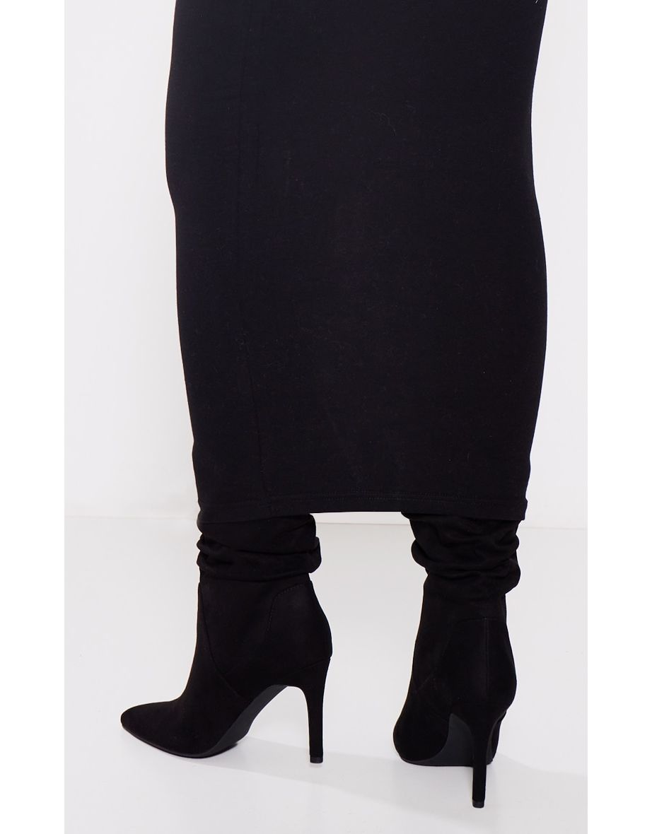 Black Faux Suede Point Toe Ruched High Heeled Ankle Boots - 3