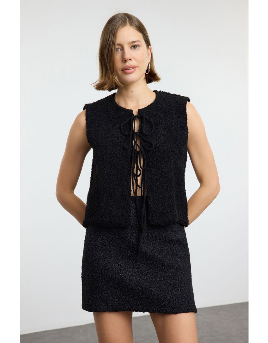 Black Soft Textured Ribbon/Bow Detailed Knit Vest