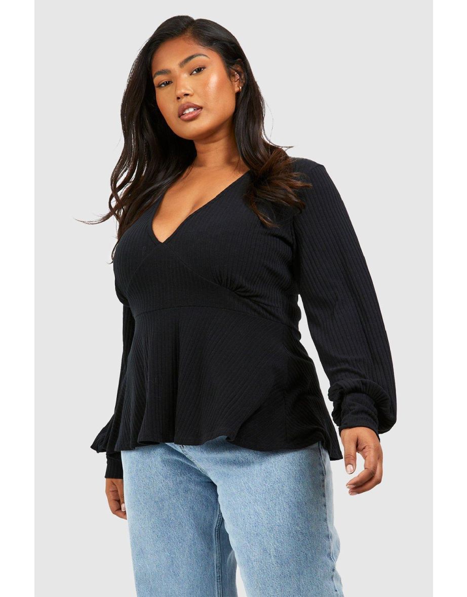 Plus Soft Rib Plunge Peplum Top - black