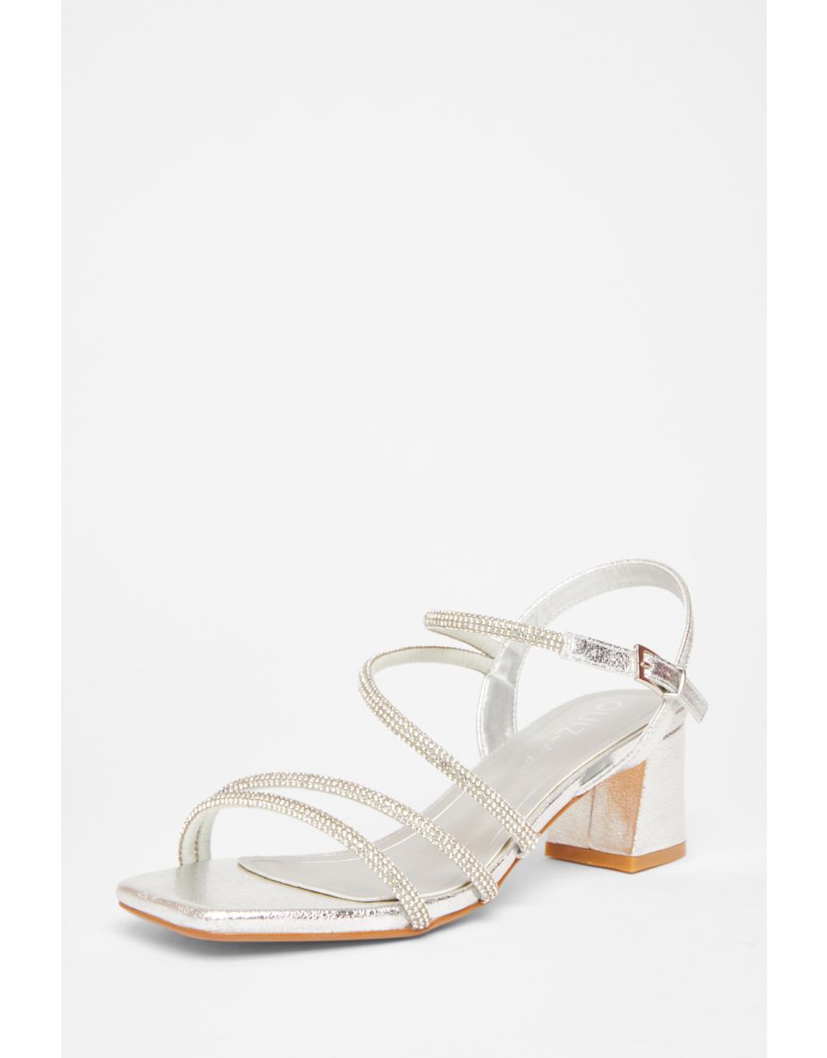 Wide Fit Silver Diamante Block Heels