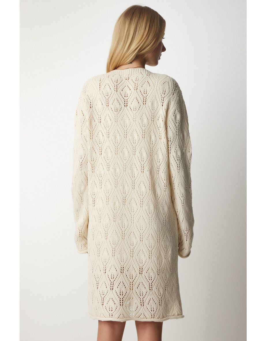 Women's Cream Openwork Long Knitwear Cardigan - 5