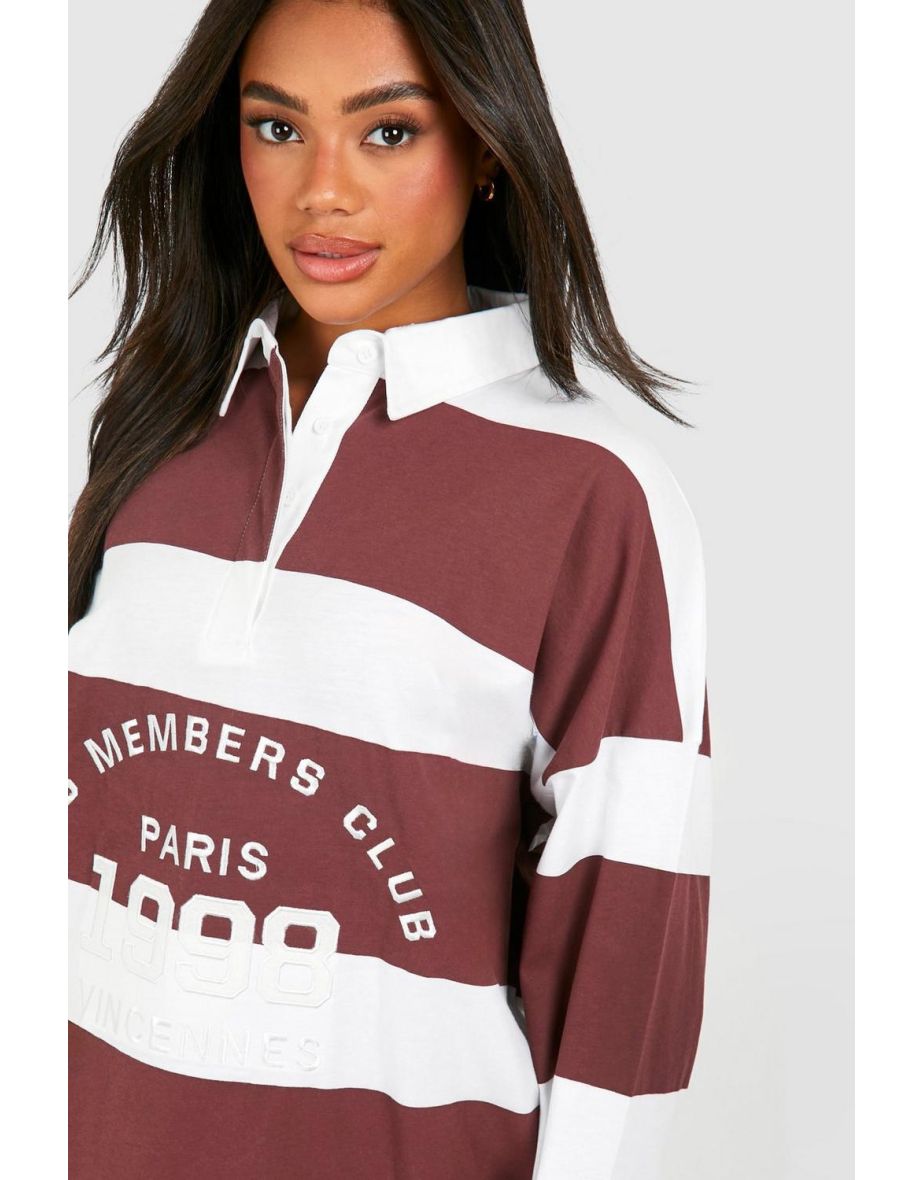 Slogan Striped Rugby Shirt - berry - 3