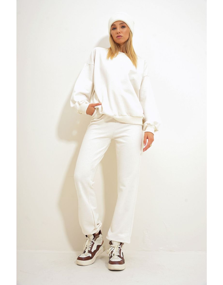 Women's Ecru Crew Neck Elastic Waist and Leg Two Yarn Basic Tracksuit