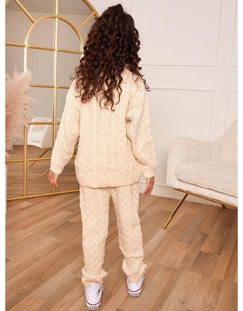 Girls Roll Neck Zip Up Cable Knit Loungewear Set in Cream - 3