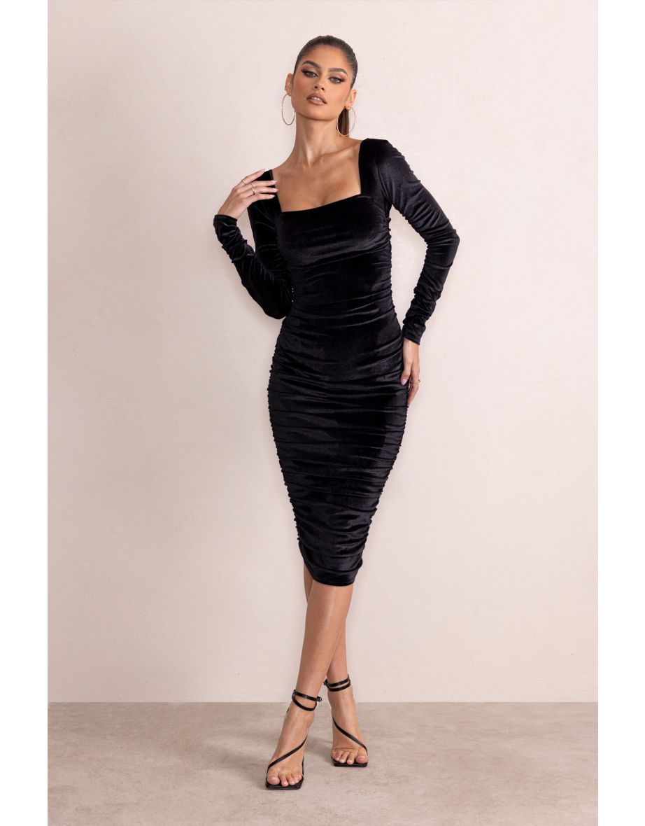 Seductress | Black Velvet Square Neck Bodycon Midi Dress With Long Sleeves - 3