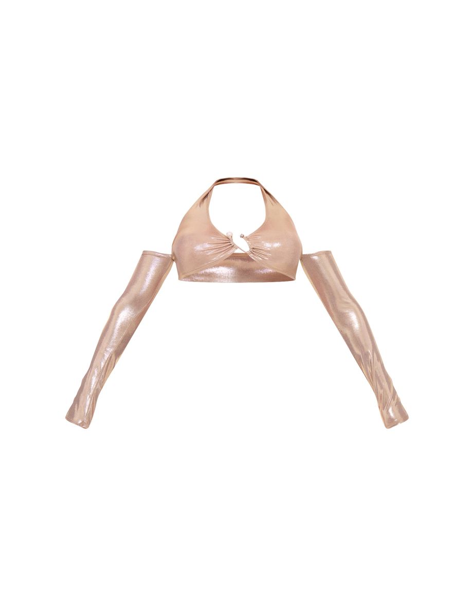 Gold Metallic Trim Bardot Long Sleeve Crop Top - 4