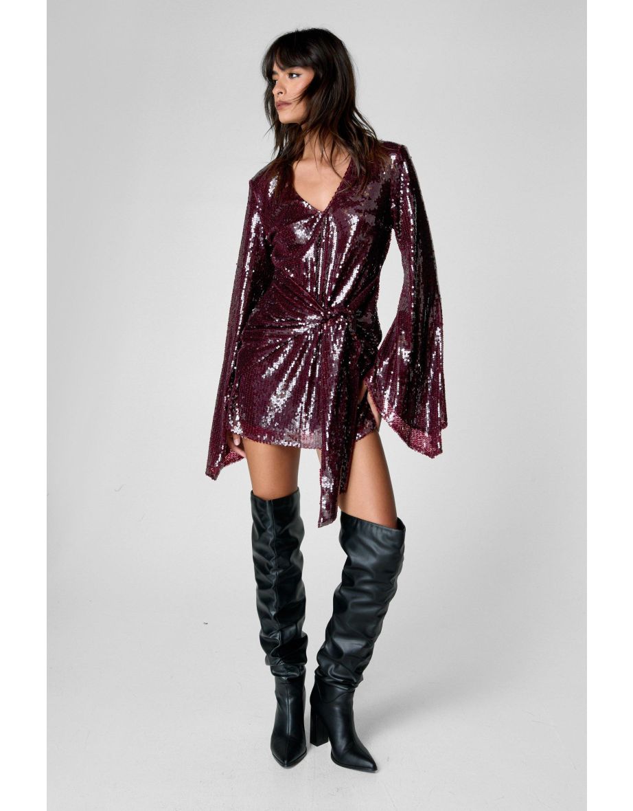 Sequin Flared Sleeve Tie Front Mini Dress