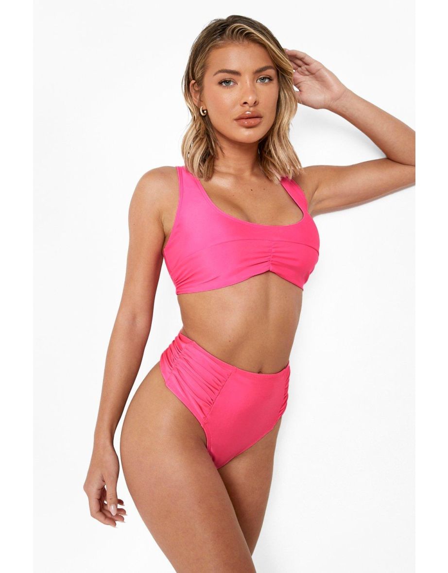 Neon Ruched High Waisted Thong Bikini Brief - neon-pink