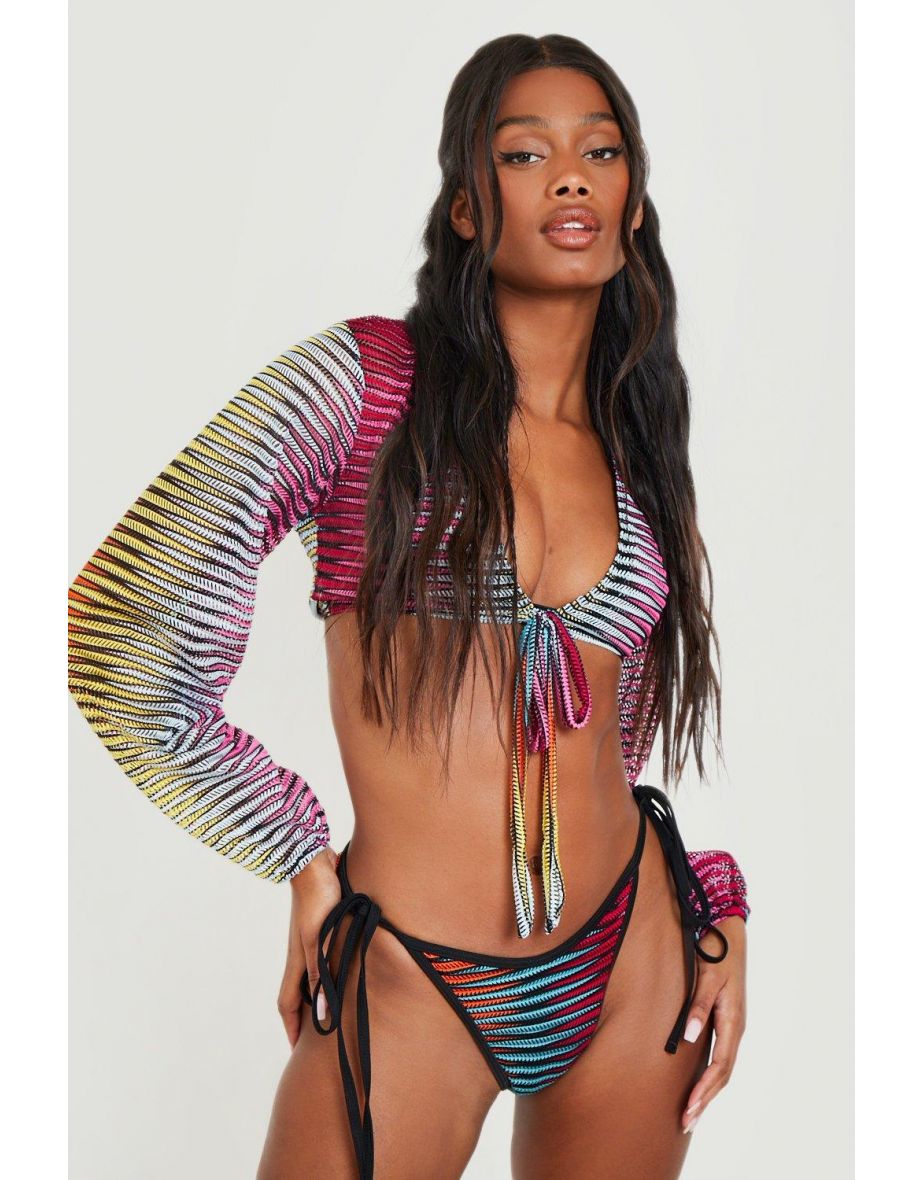 Laser Cut Stripe Tie Beach Shirt - multi