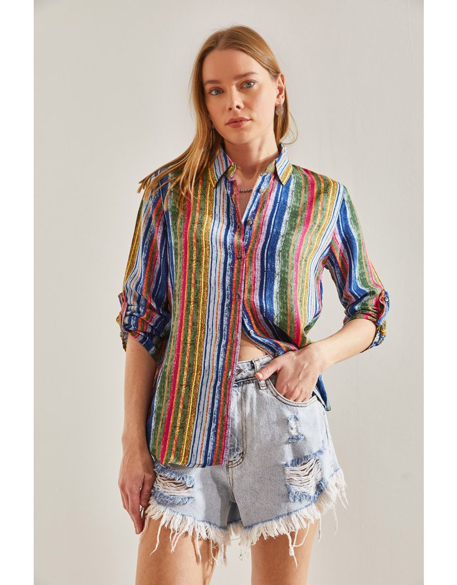 Women's Multi-patterned Shirt with Folding Sleeves