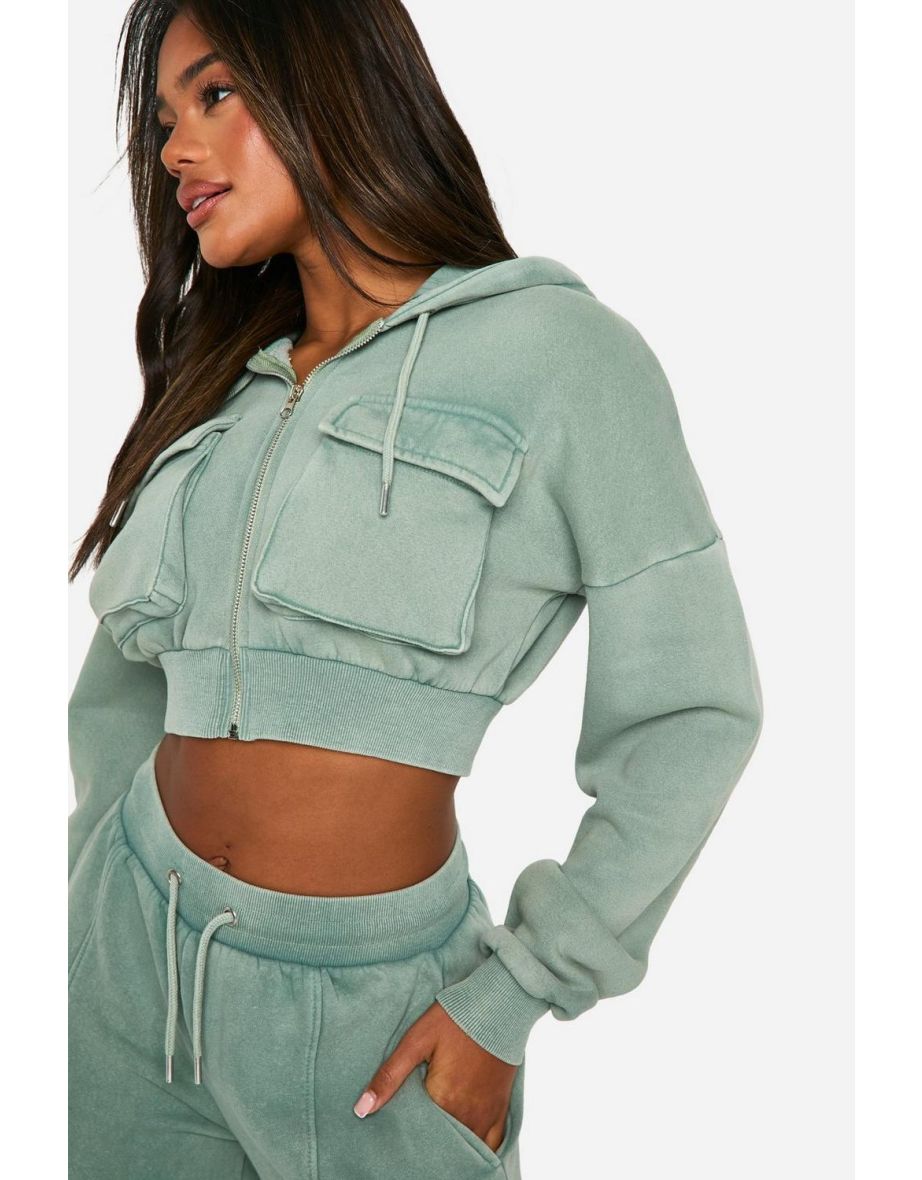 Washed Cargo Pocket Boxy Crop Hooded Tracksuit - khaki - 3