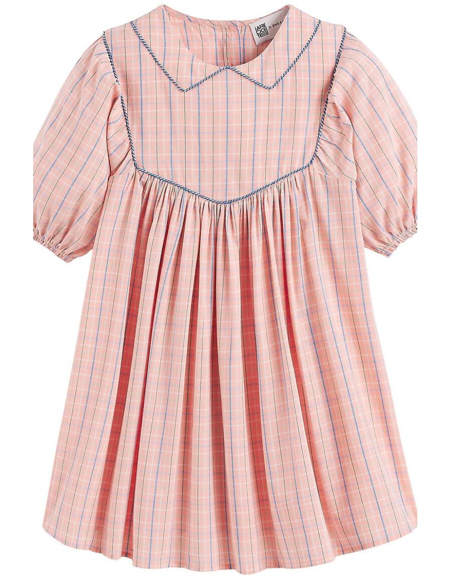 Checked Cotton Dress with Peter Pan Collar and Short Puff Sleeves