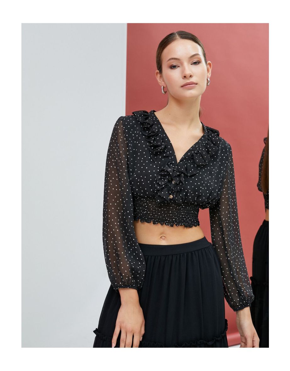 Crop Chiffon Blouse V-Neck Ruffled Polka Dot Gipeal Waist