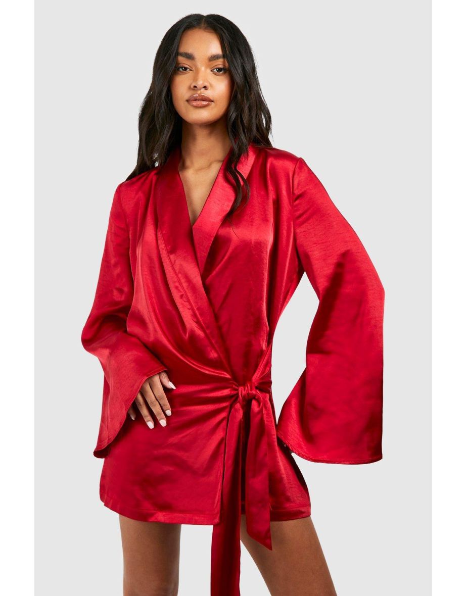 Satin Wrap Shirt Dress - raspberry