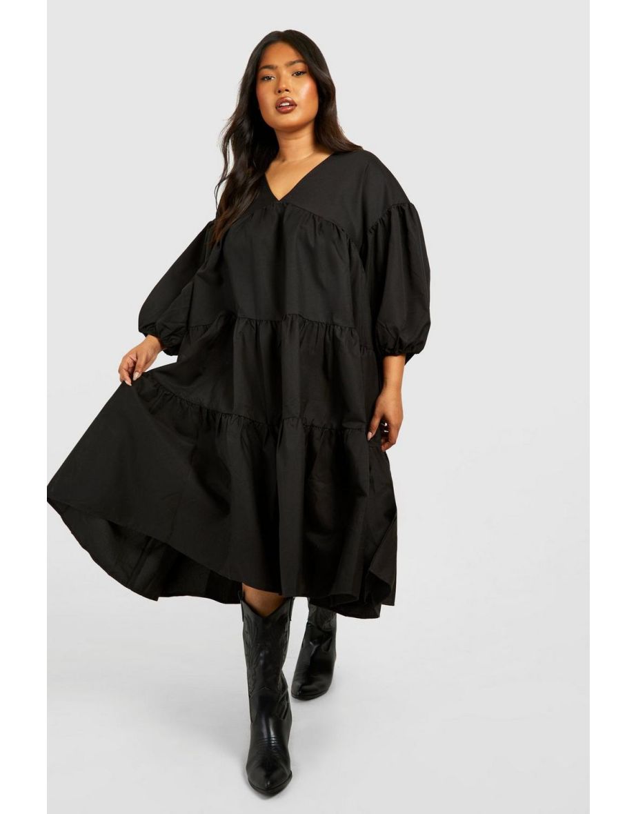 Plus Poplin V Neck Tiered Midi Smock Dress