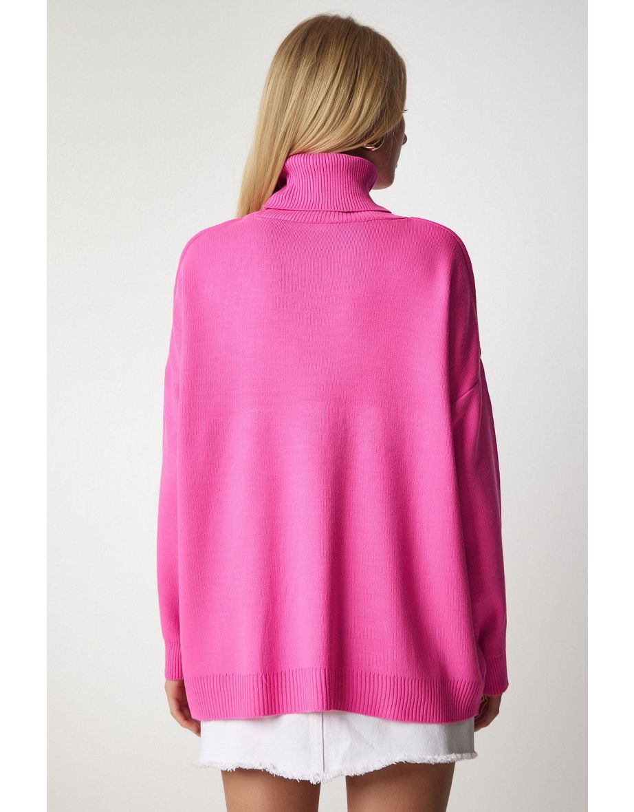 Women's Pink Turtleneck Oversized Knitwear Sweater - 5