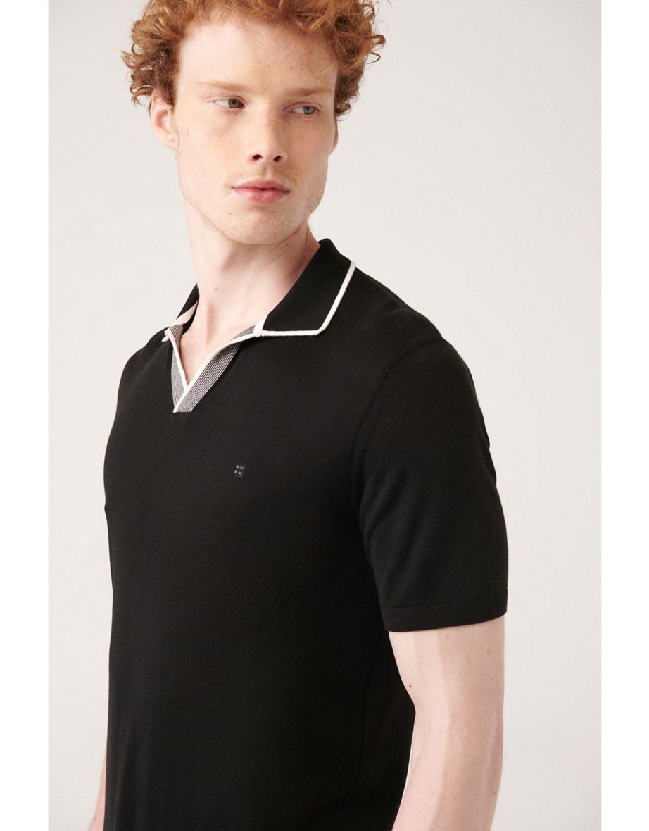 Black Polo Collar without Buttons with Stripe Detail and Ribbed Regular Fit Knitwear T-shirt.