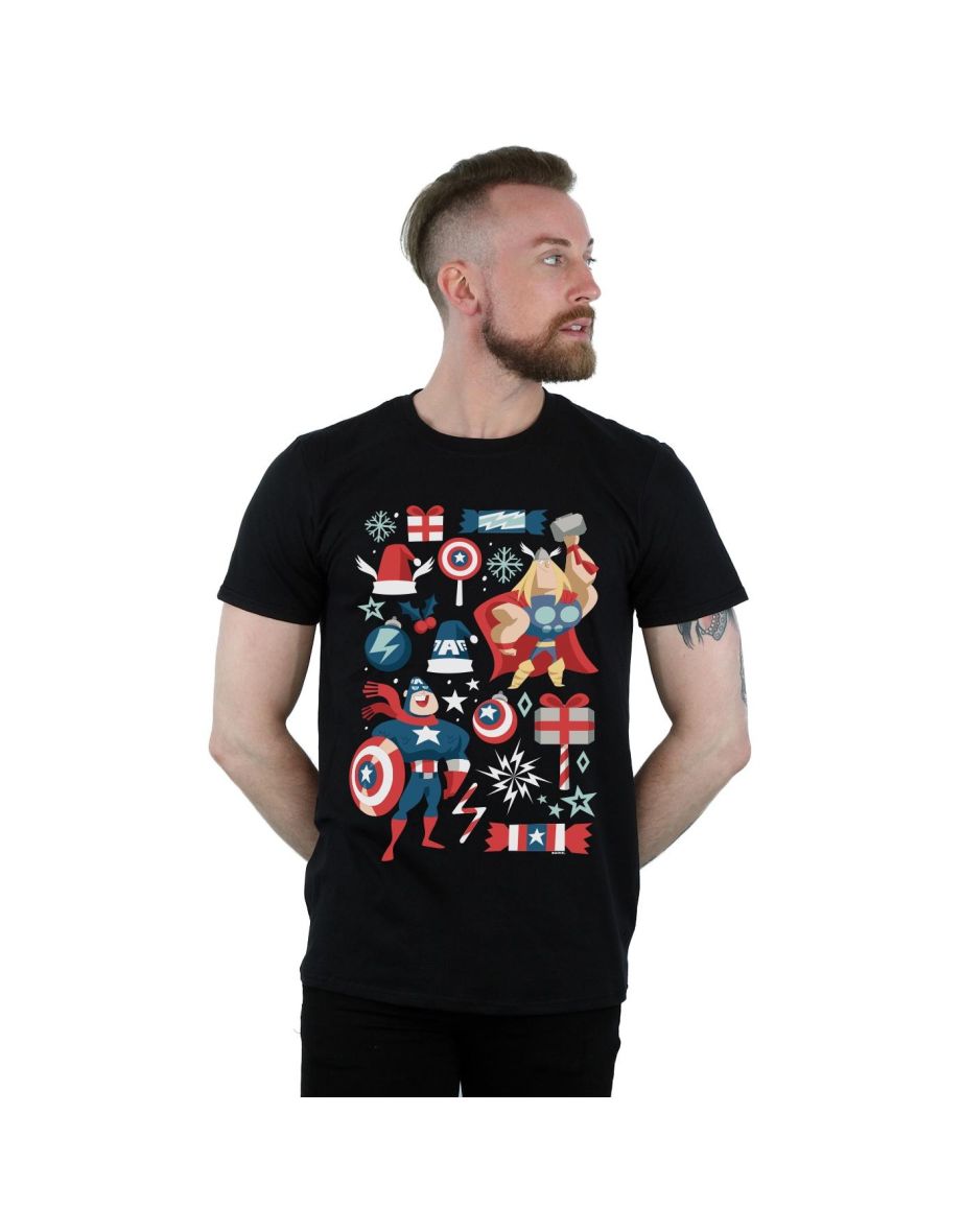 Marvel Mens Thor And Captain America Christmas Day T-Shirt - Black