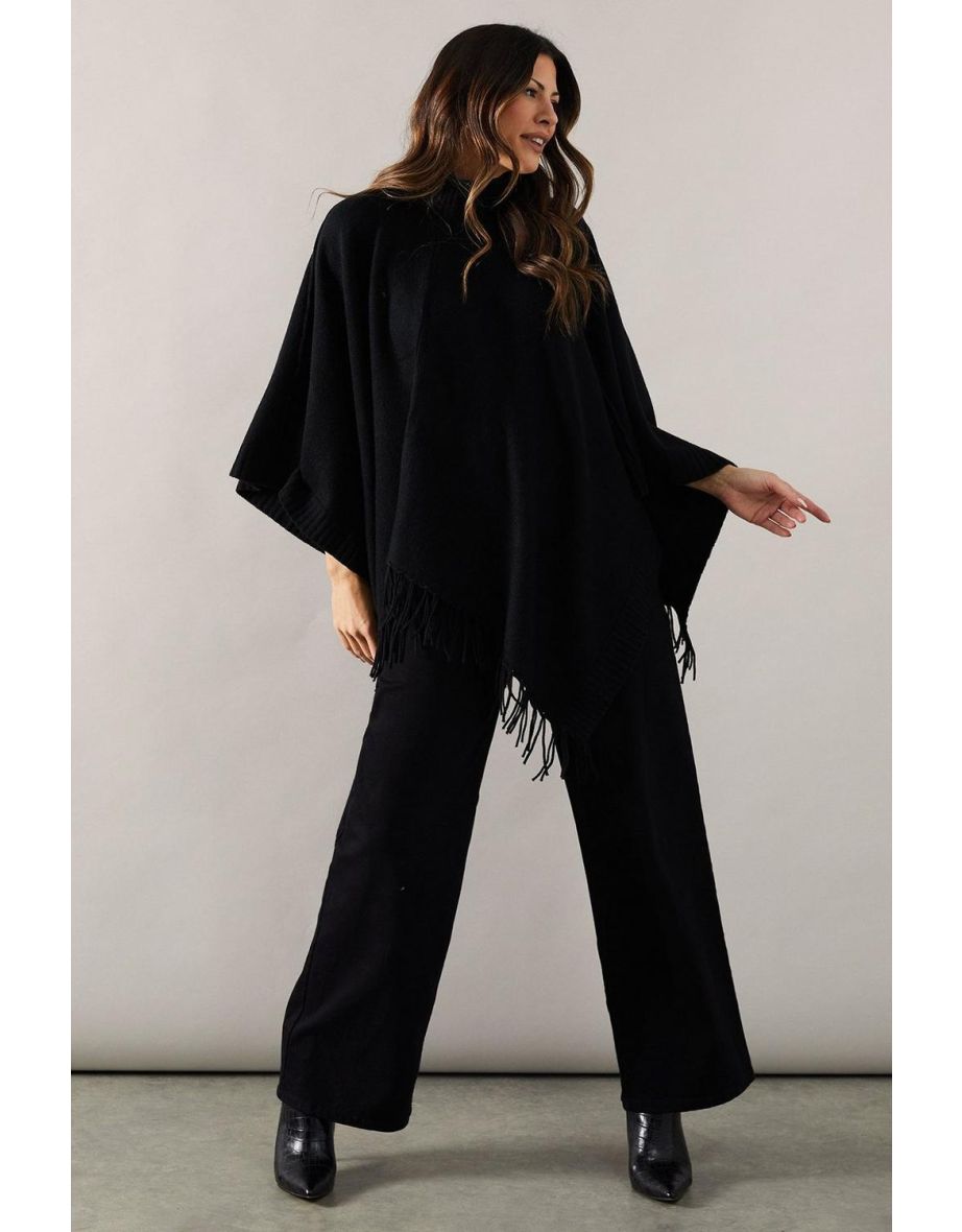 Fringe Hem High Neck Poncho - 3