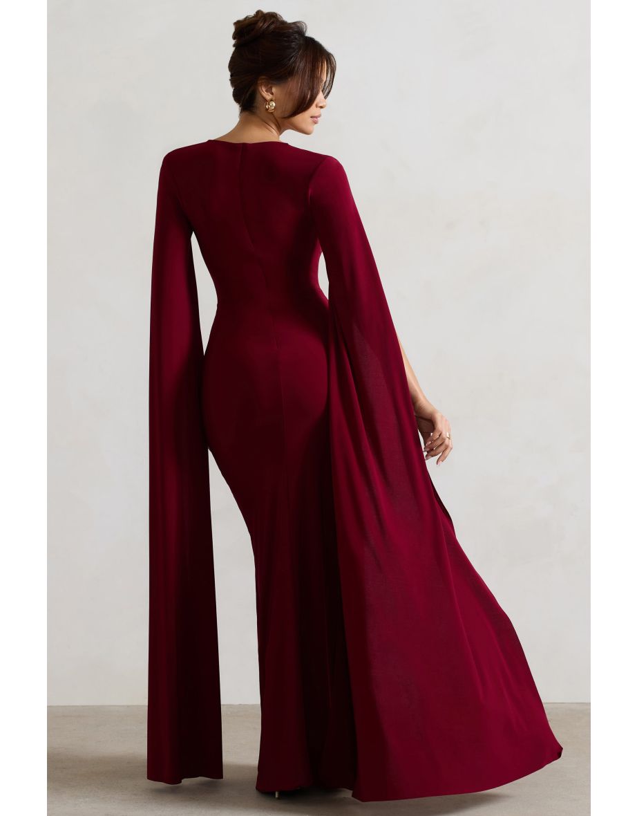 Claretta | Berry Square Neck Twisted Maxi Dress With Cape Sleeves - 4