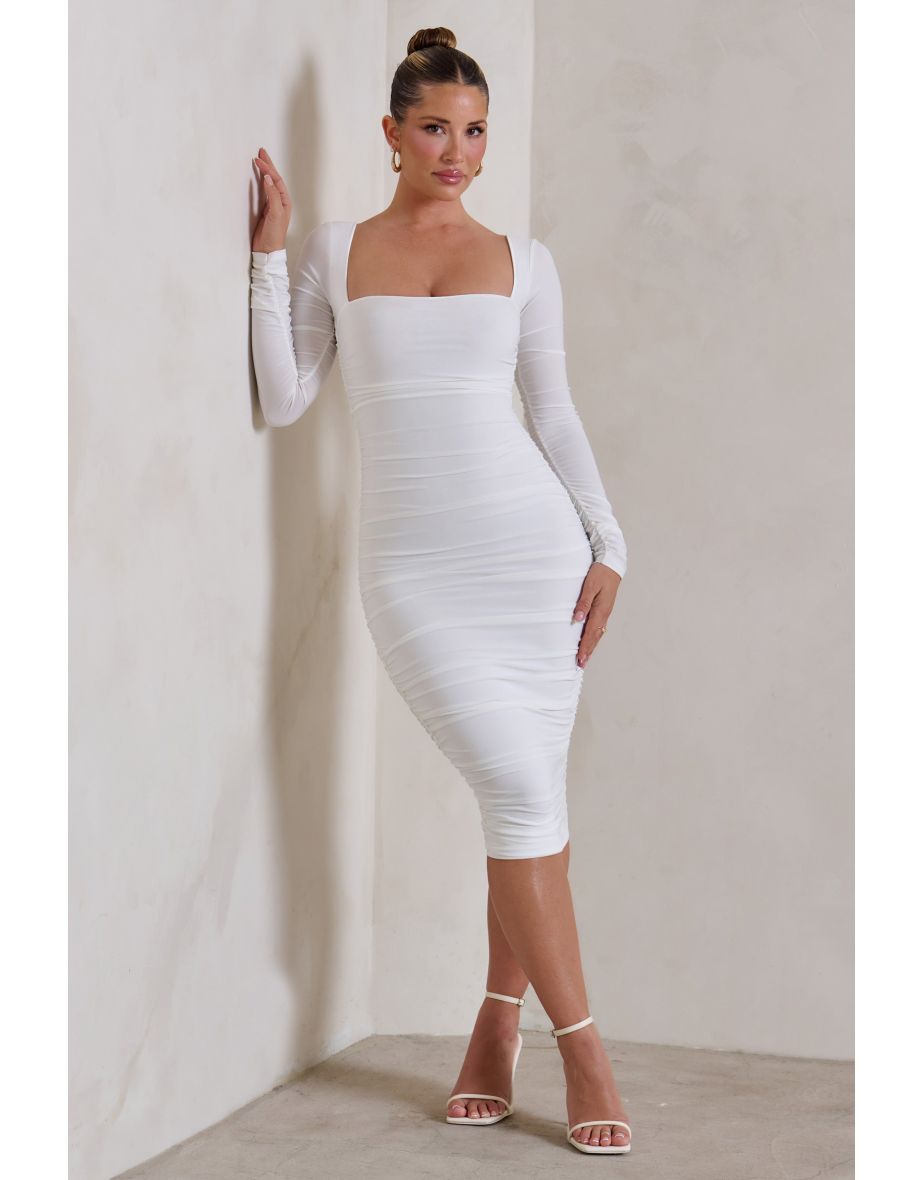Seductress | White Long Sleeve Square Neck Ruched Midi Dress - 4