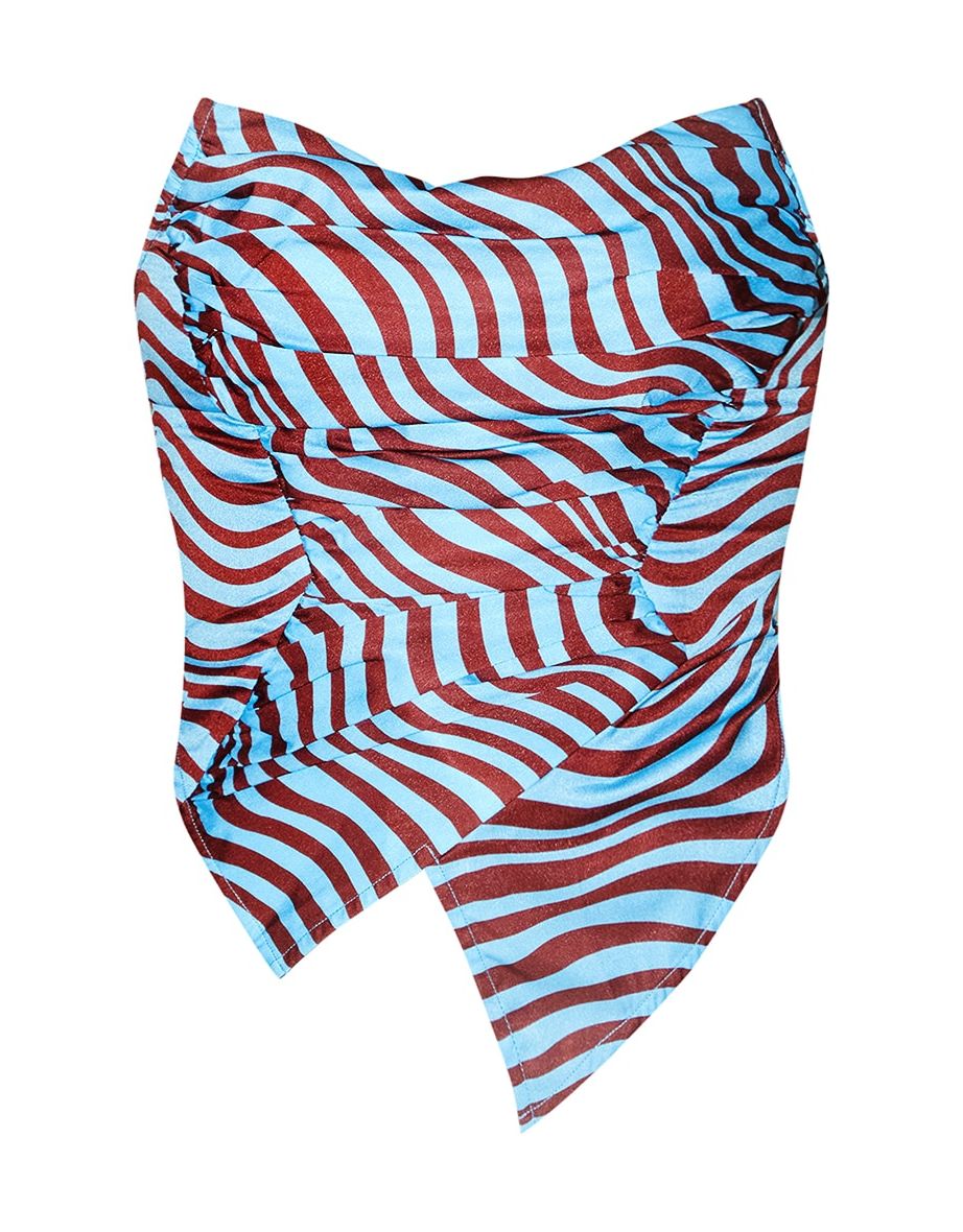 Blue Wave Print Woven Asymmetric Pointed Hem Corset - 4