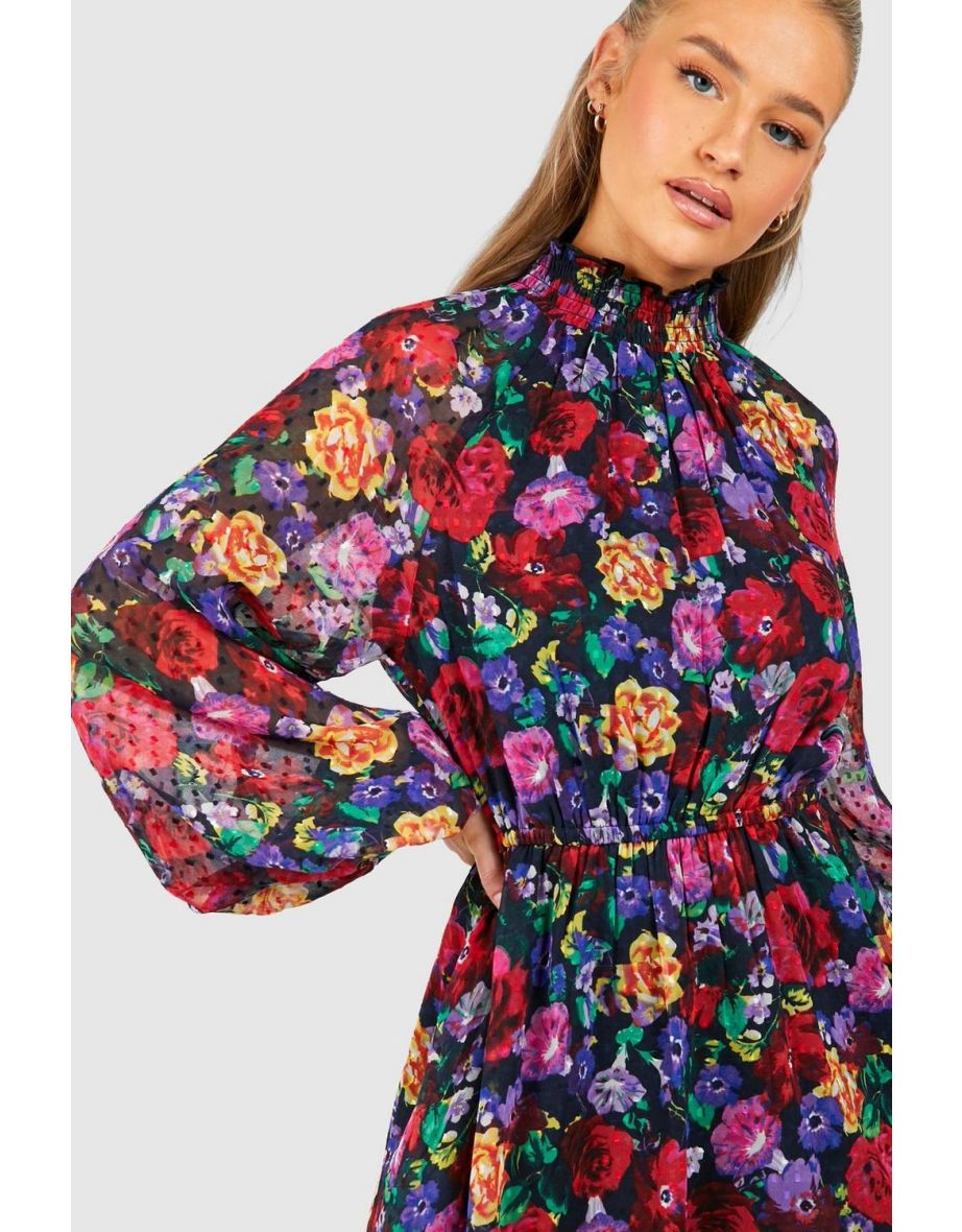 Floral Dobby High Neck Smock Dress - 3
