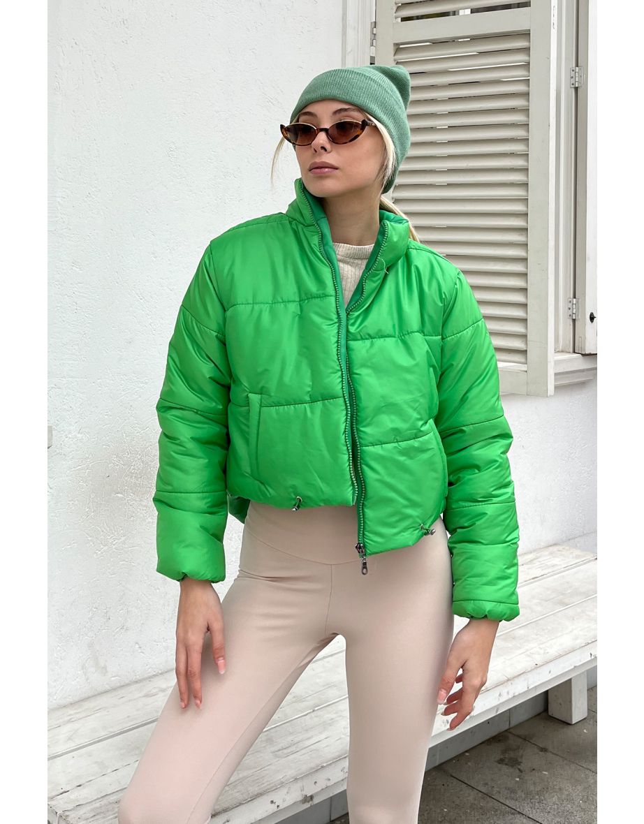 Women's Light Green Stand Up Collar Double Pocketed Puffer Puffer Coat with Elastic