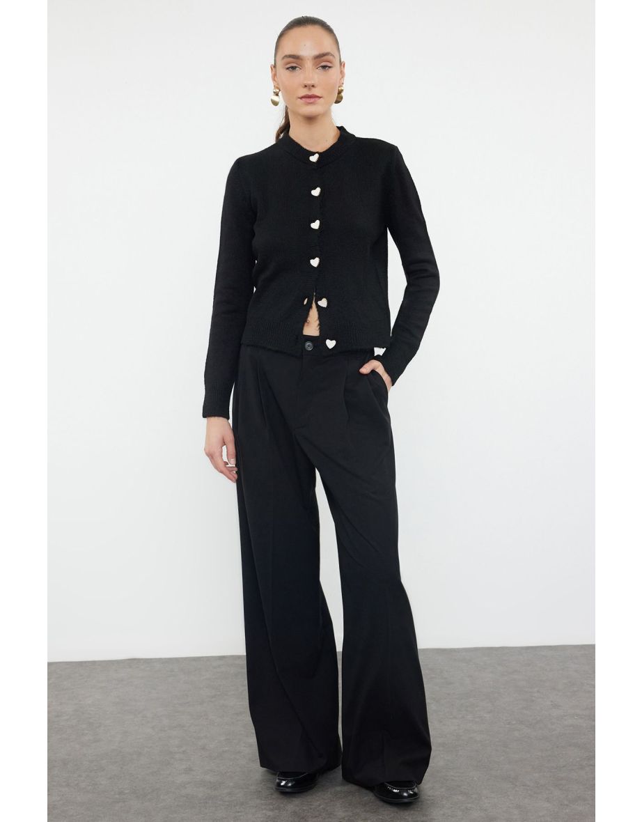 Black Soft Textured Knitwear Cardigan with Jeweled Buttons