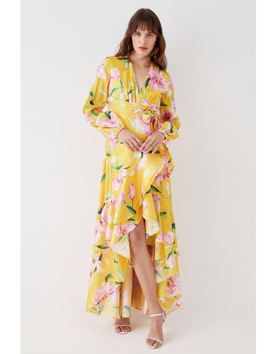 Frill Hem Wrap Midi Dress With Long Sleeves