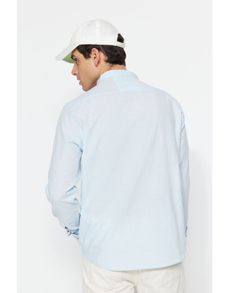 Blue Men's Slim Fit Shirt with Half-Pleats and Buttons, Wide Collar 100% Cotton - 6