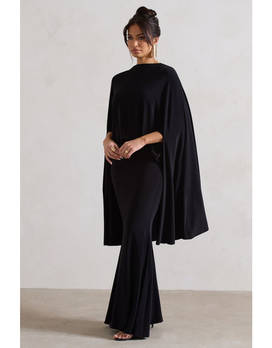 Charmaine | Black High-Neck Maxi Dress With Cape - 5