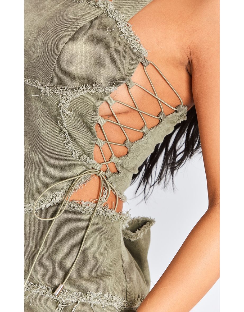 Petite Washed Green Twill Lace Up Crop Top - 3