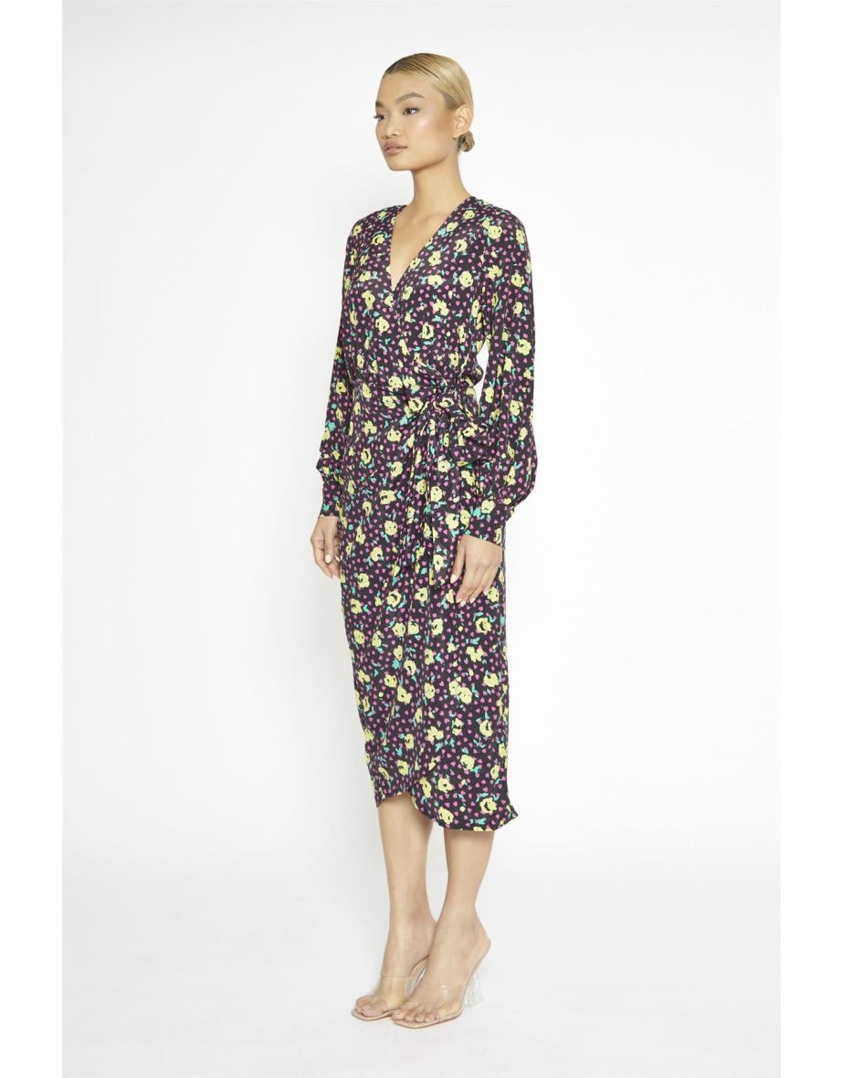 Black Multi-Roses Wrap Midaxi-Dress - 3