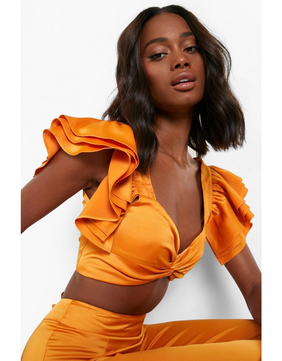 Occasion Matte Satin Ruffle Detail Crop Top - burnt orange - 3
