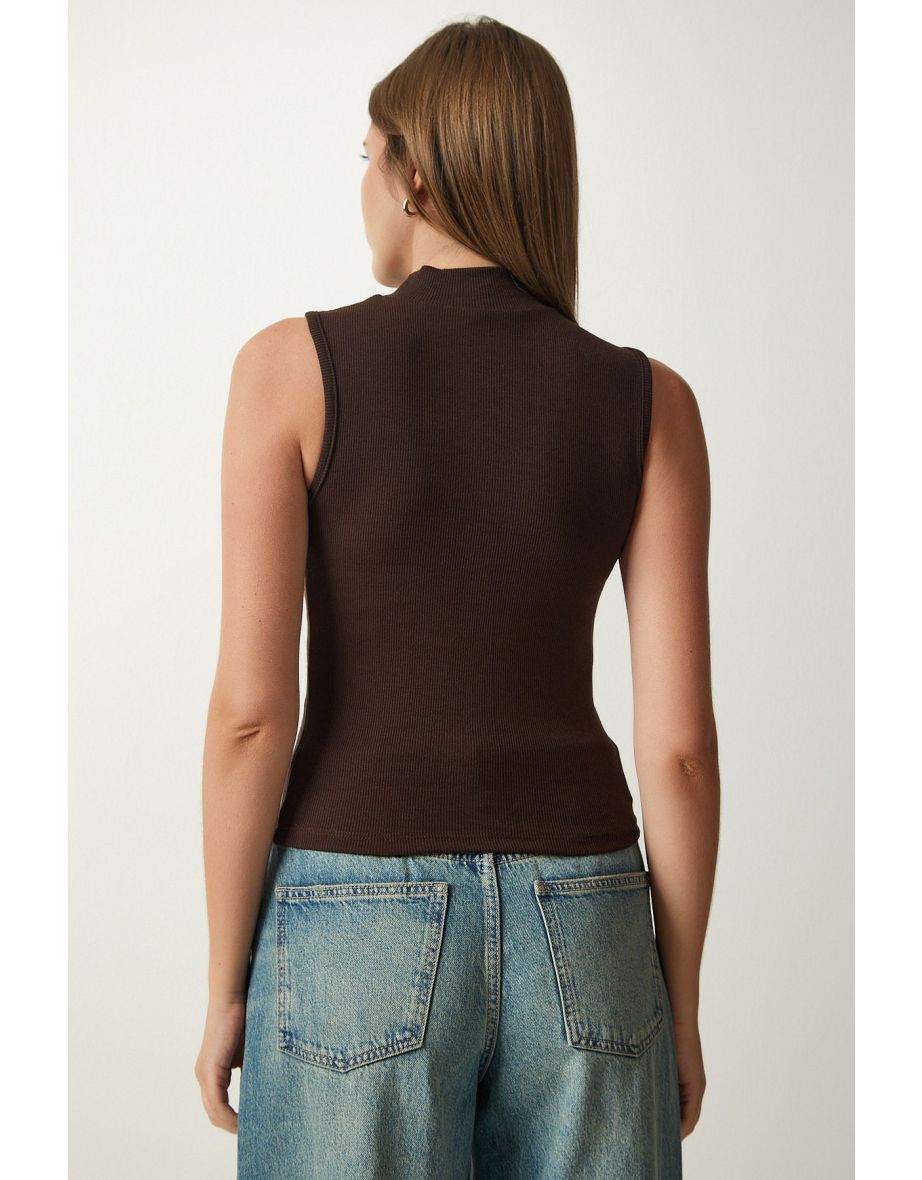 Women's Cream Dark Brown Turtleneck Sleeveless 2-Pack Knitted Blouse - 8