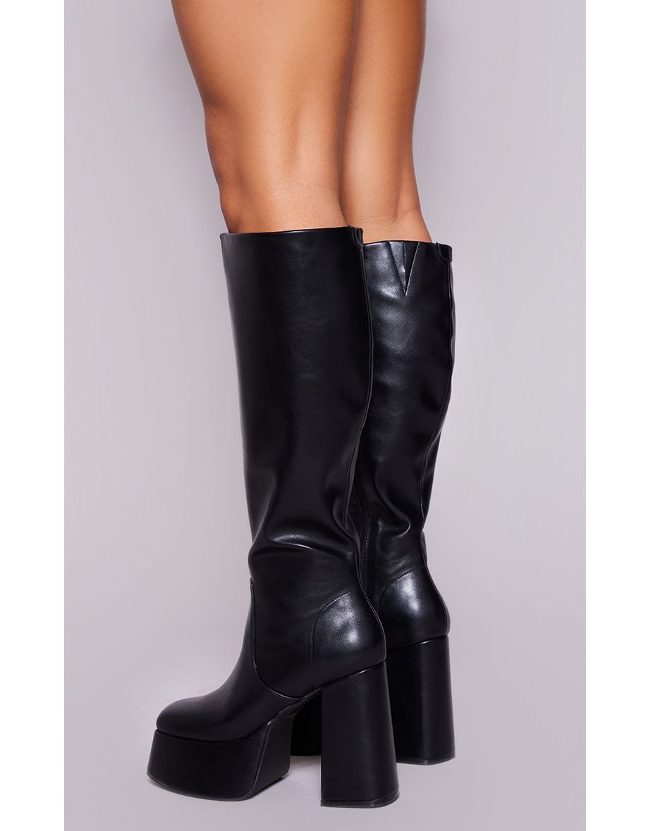 Black Burnish Faux Leather 70s Platform Knee High Boots - 3