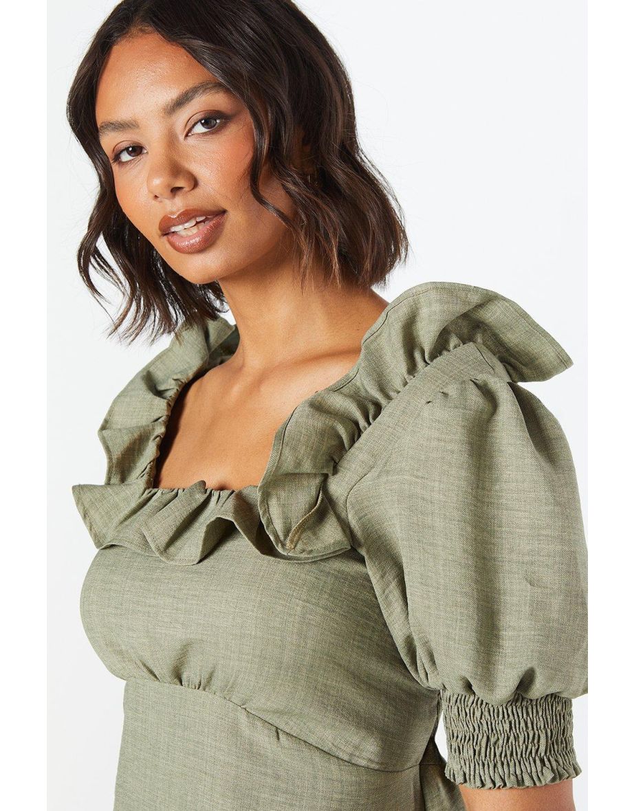 Khaki Ruffle Neck Blouse - 3