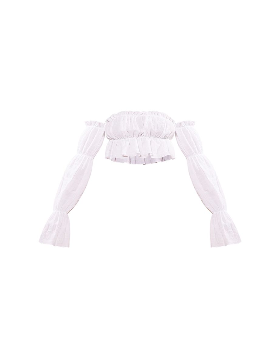 White Textured Ruffle Bardot Crop Top - 4