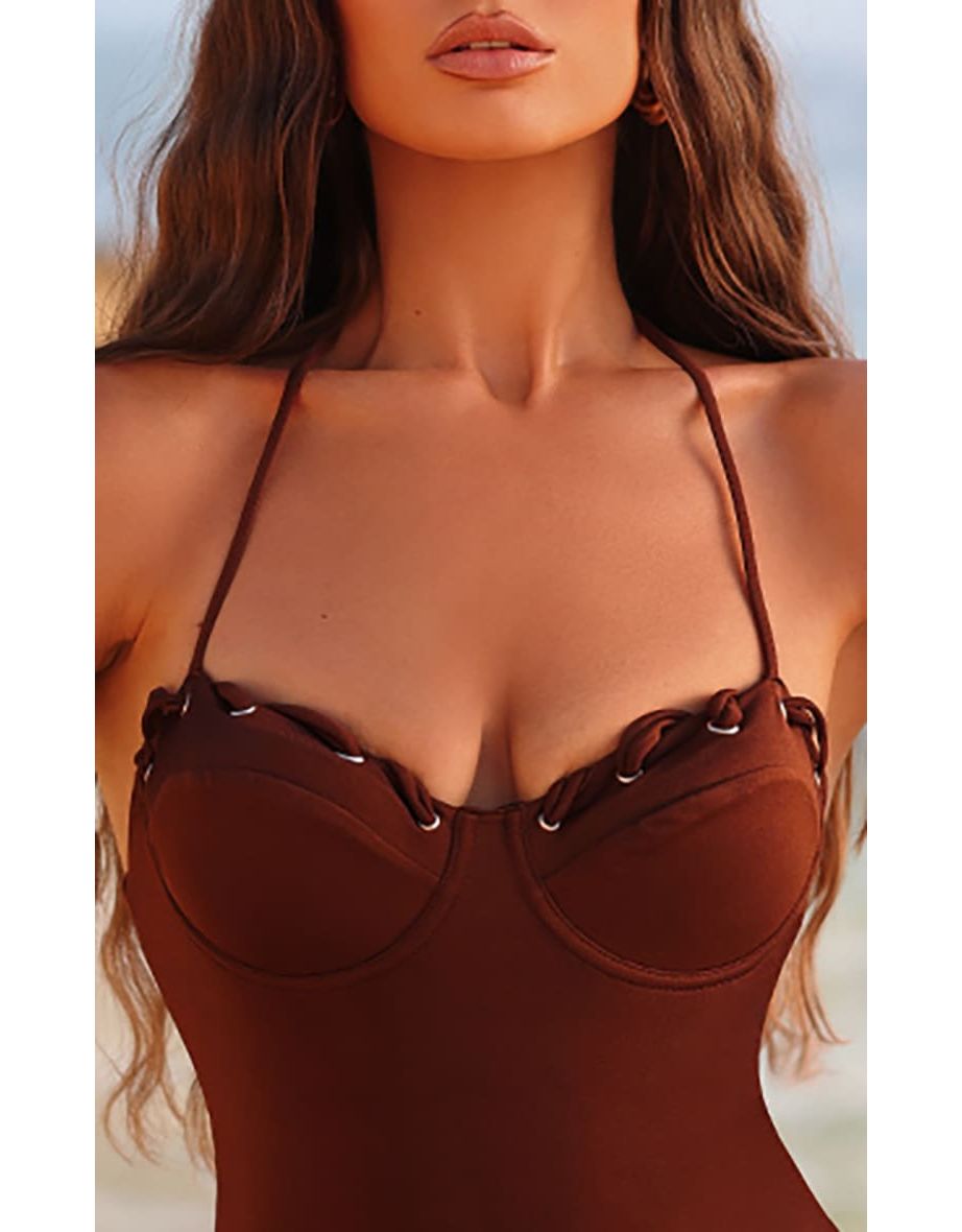 Brown Underwired Laced Cup Swimsuit - 3