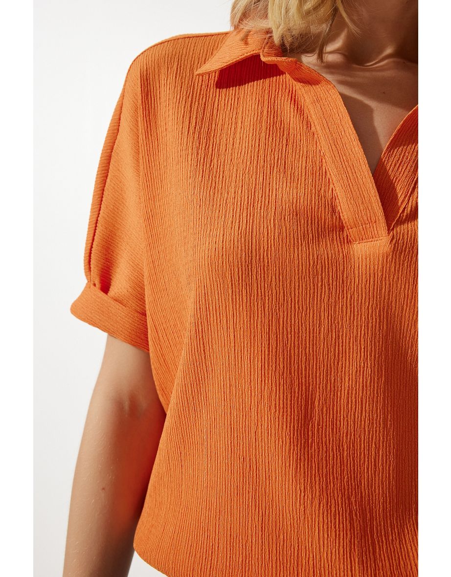 Women's Orange Polo Neck Knitted Crinkle Blouse - 4