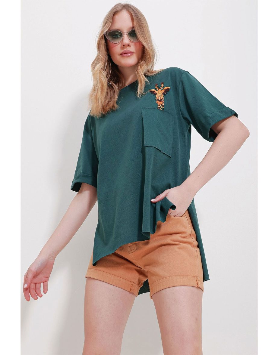 Women's Green Crew Neck Single Pocket Embroidered Double Sleeve Laser Cut Oversize T-Shirt
