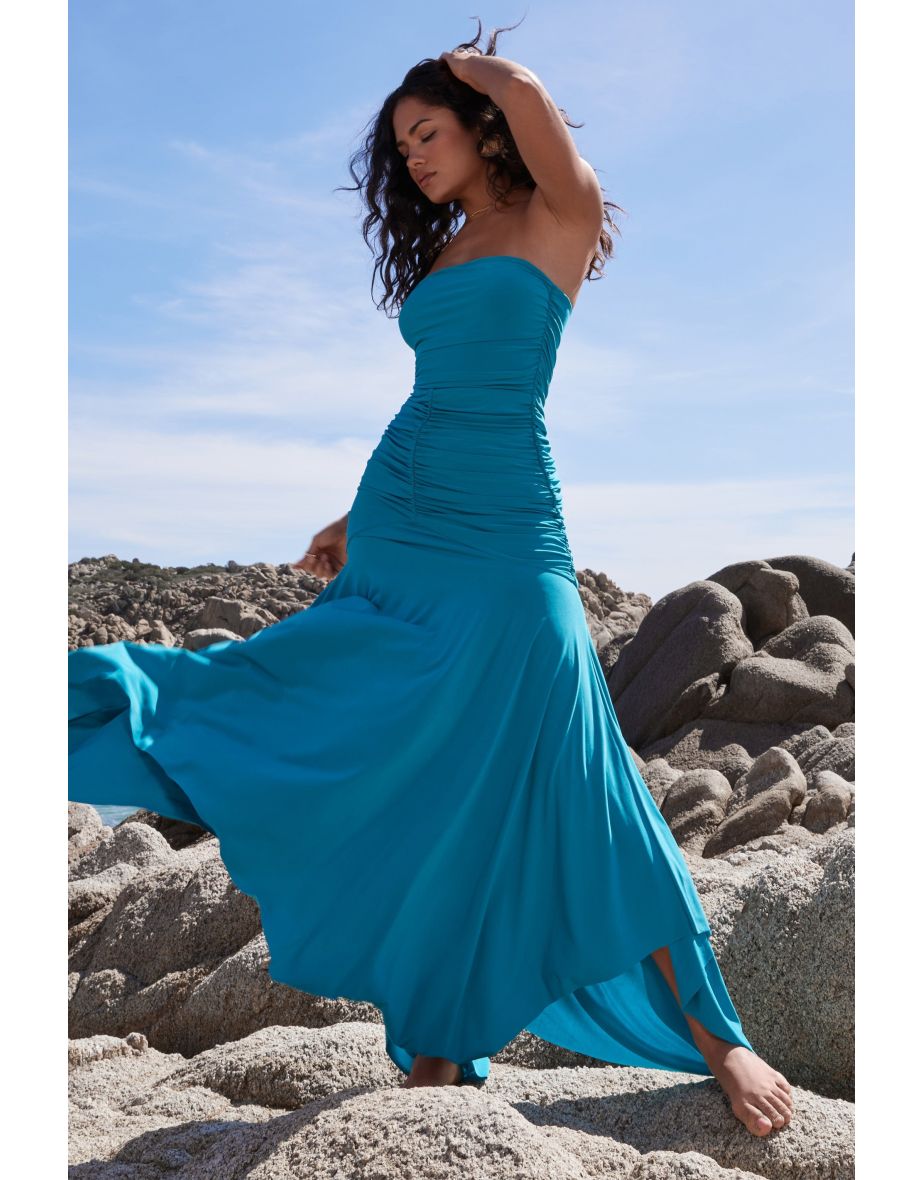 Florianne | Turquoise Ruched Bandeau Maxi Dress