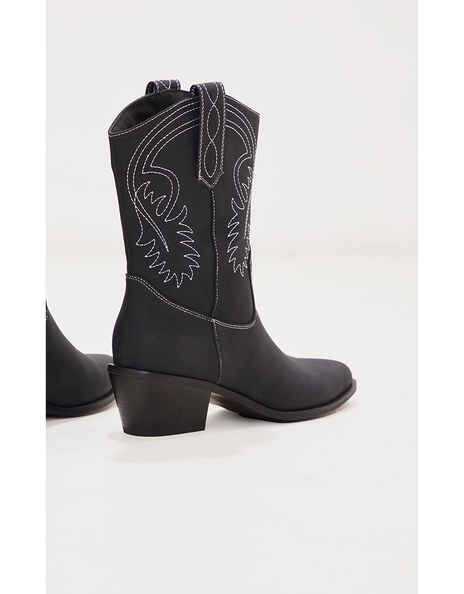Black Faux Leather Pointed Stitch Detailing Calf Western Boots - 3