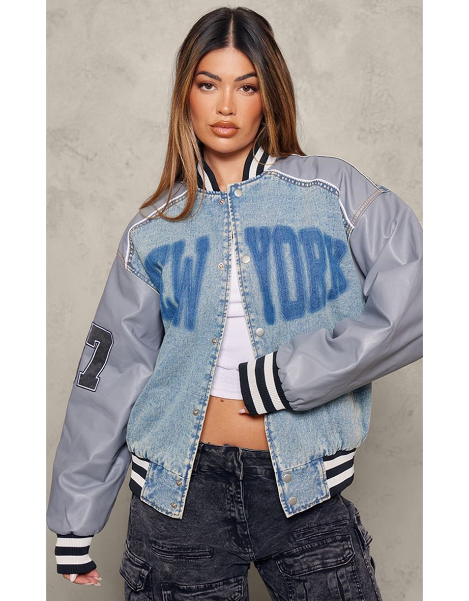 Shop Blue New York Button Up Oversized Denim Varsity Jacket Online in Bahrain VogaCloset