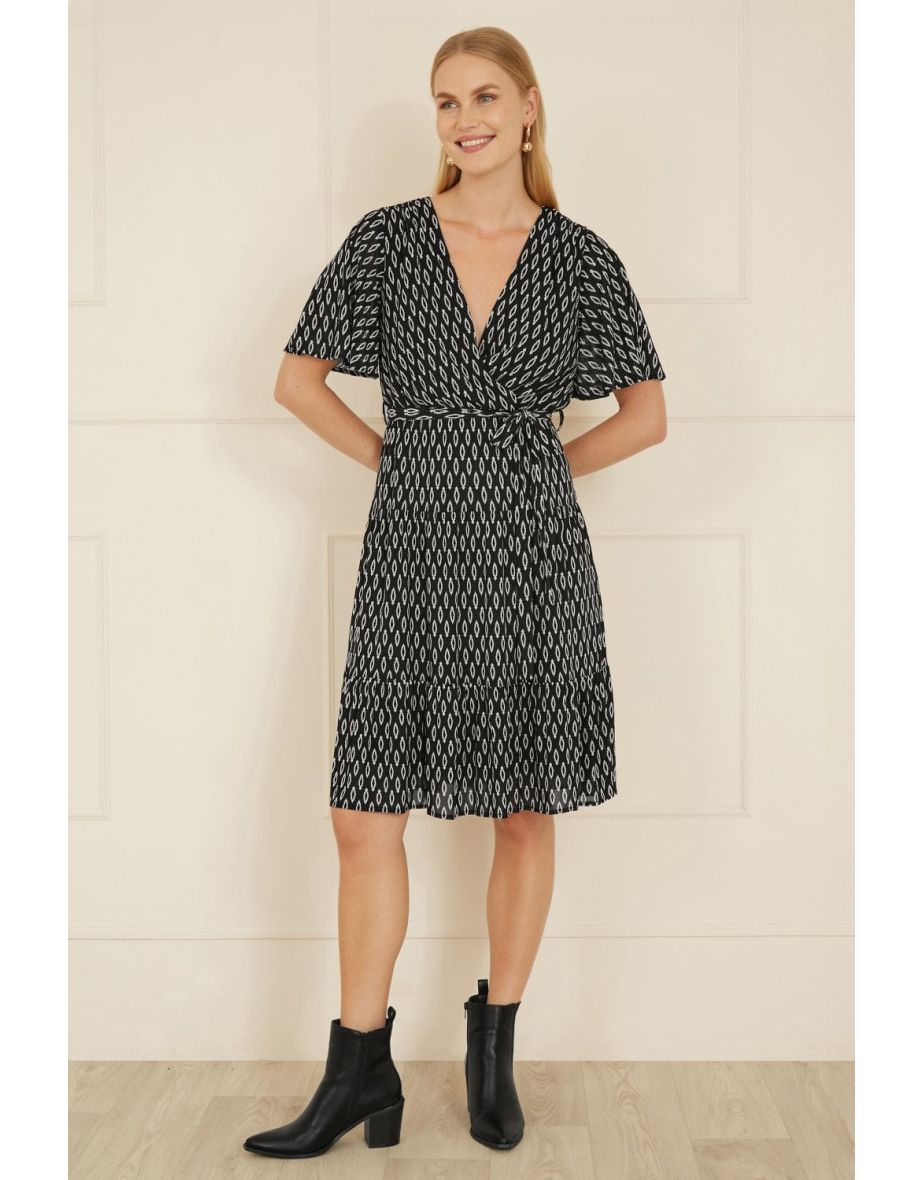Yumi Black Geo Print Mesh Stretch Midi Skater Dress