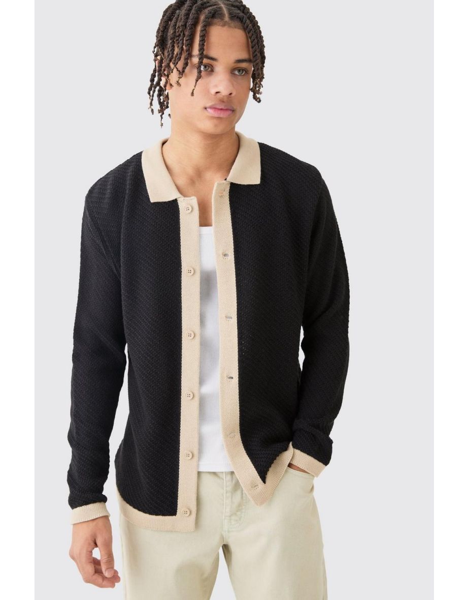 Long Sleeve Contrast Collar Knitted Shirt In Black - black