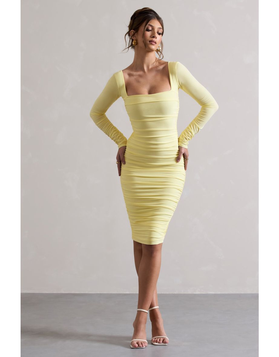 Seductress | Yellow Long Sleeve Square Neck Ruched Midi Dress - 4