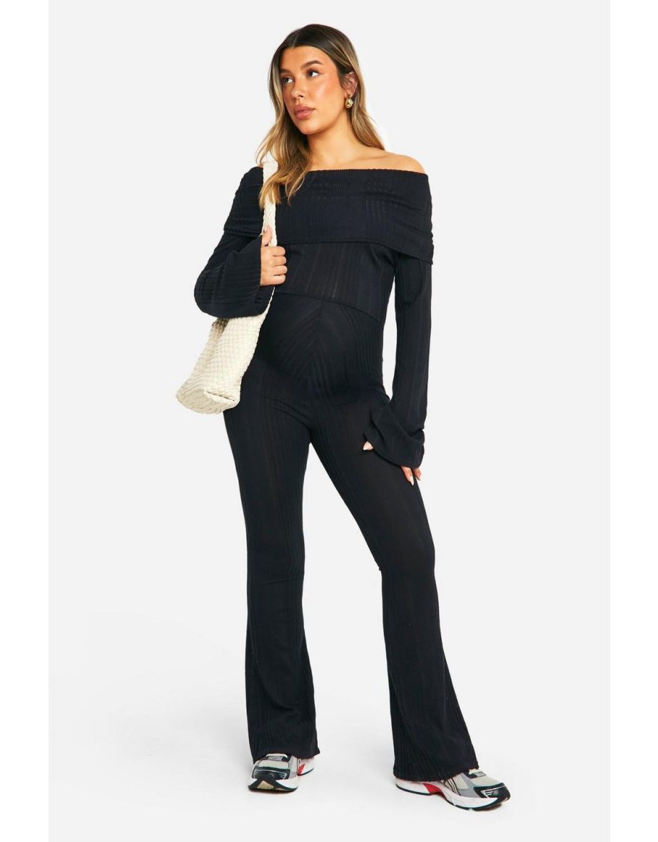 Maternity Textured Deep Bardot Off The Shoulder Long Sleeve Flared Jumpsuit - black